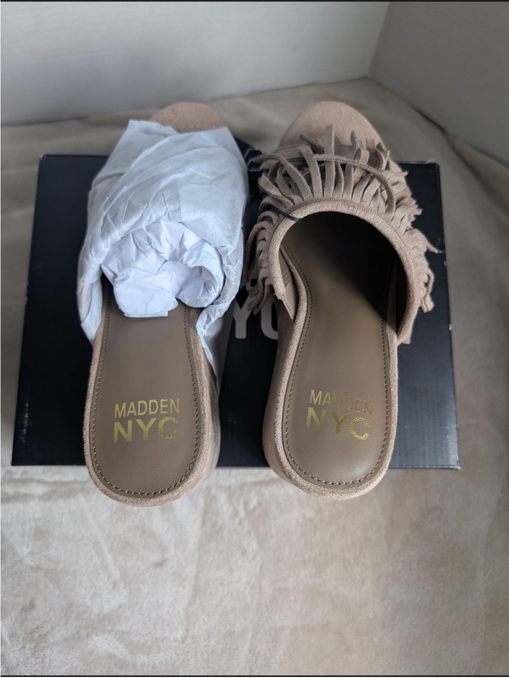 Steve Madden Tan Suede Fringe Slide Mules - Picture 6 of 7